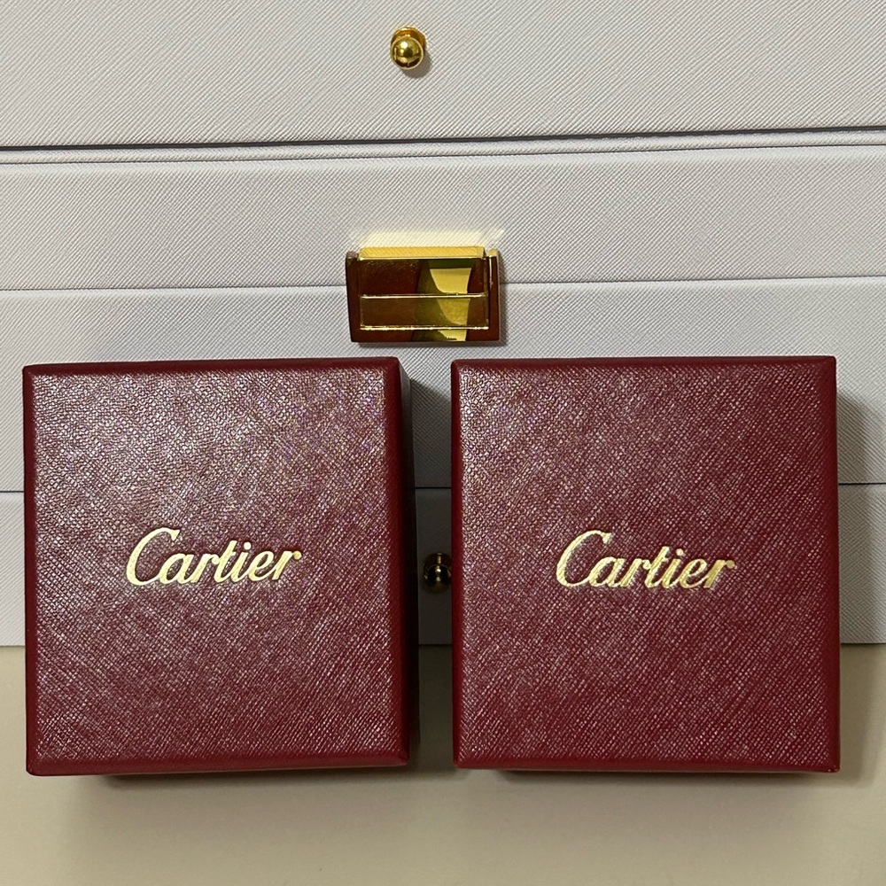 2 Authentic Cartier Burgundy Ring Boxes with Gold Accents